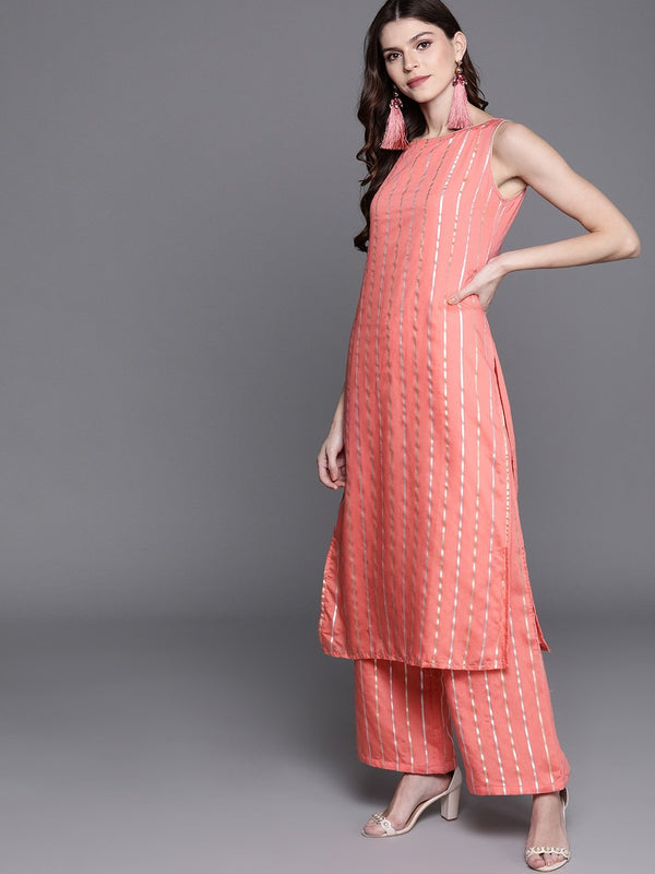 Women's  Peach-Coloured & Golden Striped Kurta with Palazzos - AKS