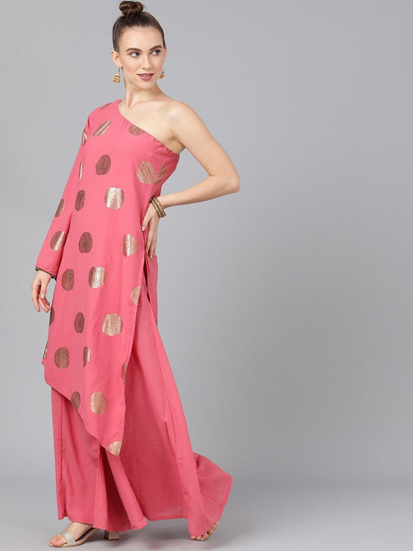 Women's  Pink & Gold-Coloured Foil Printed Kurta with Palazzos - AKS