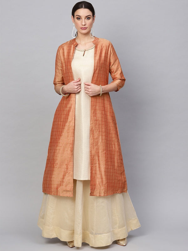 Women's  Peach-Coloured & Golden Checked Open Front Longline Ethnic Jacket - AKS