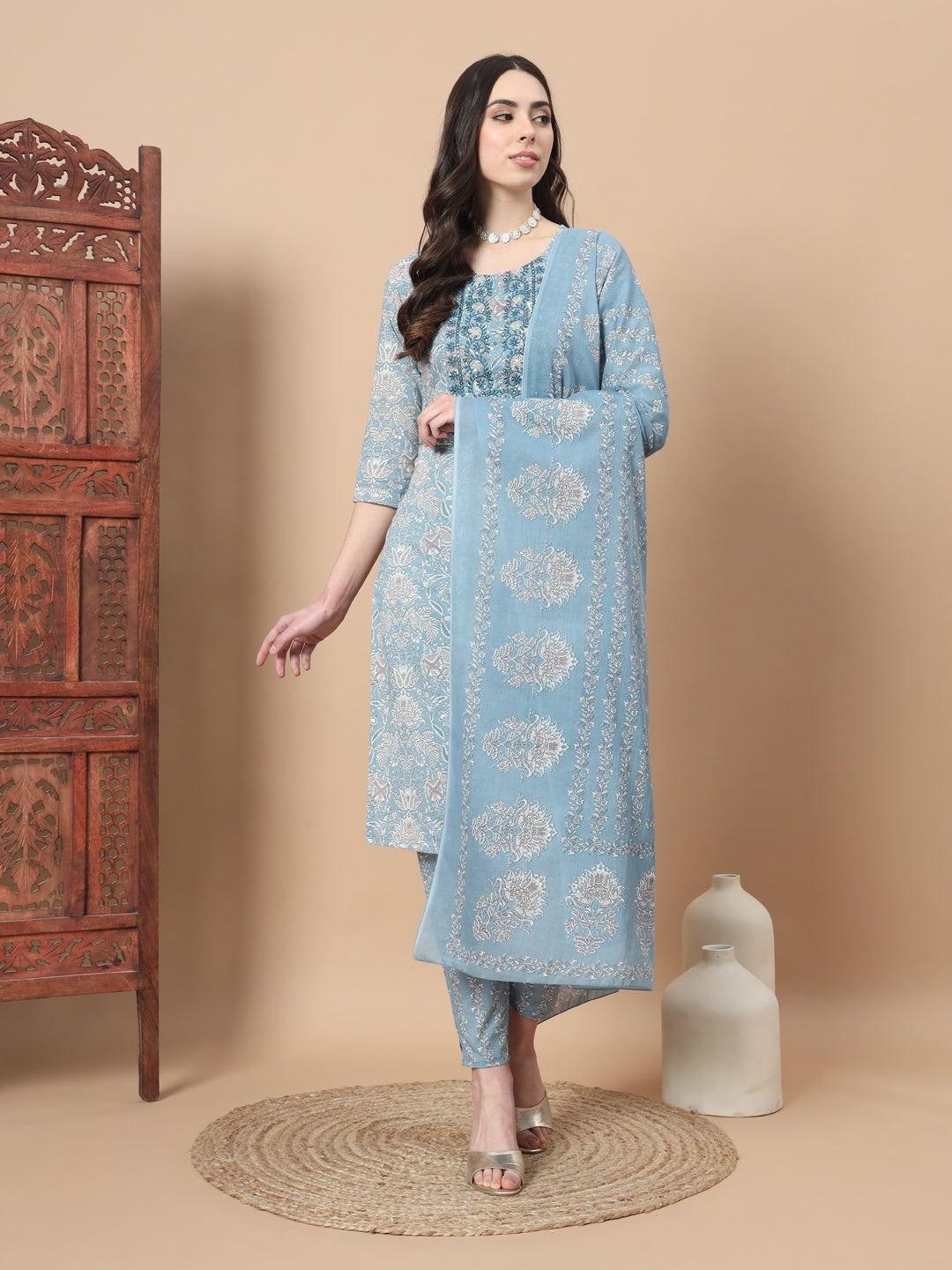 Women's Blue Printed Cotton Kurta Dupatta Set - Yufta