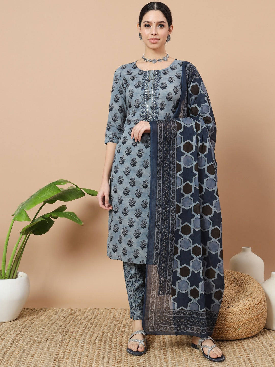 Women's Blue Ethnic Motifs Block Print Straight Kurta Trouser And Dupatta Set - Yufta