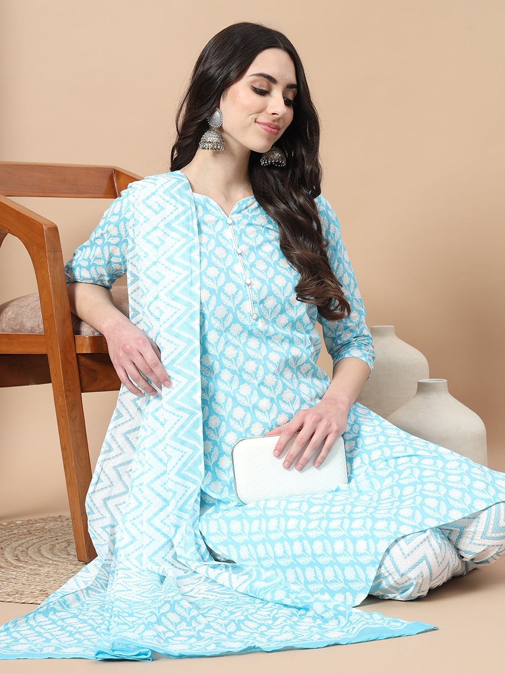 Women's Blue Floral,Piping On Yoke Straight Kurta Trouser And Dupatta Set - Yufta