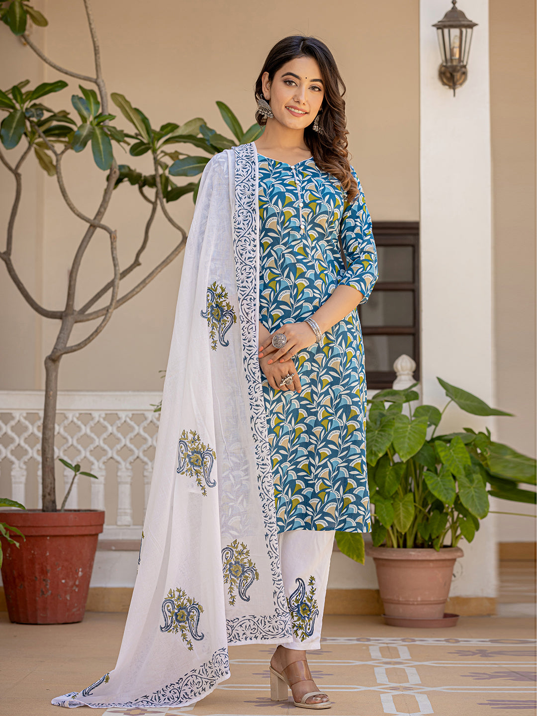 Women's Turquoise Blue Leaf Print Straight Piping On Yoke Kurta Trouser And Dupatta Set - Yufta