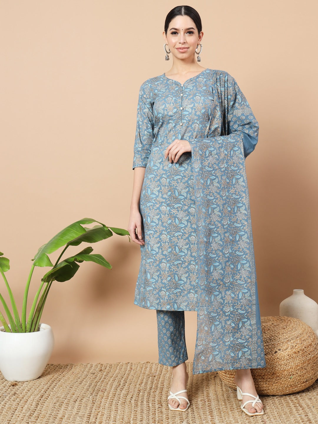 Women's Blue Foli Print Cotton Kurta Dupatta Set - Yufta