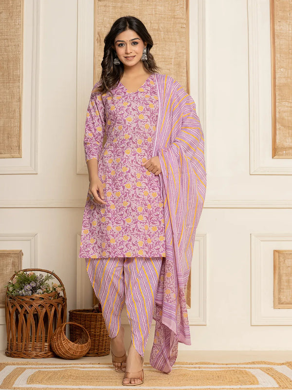 Lavander Floral Print Cotton Straight Style Kurta And Dhoti Pants With Dupatta Set-Indiakreations-JS6844SKDLVS