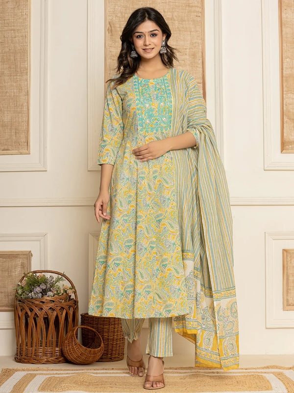 Mustard Thread_Work Cotton Anarkali Kurta And Trousers With Dupatta Set-Indiakreations-JS6847SKDMSS