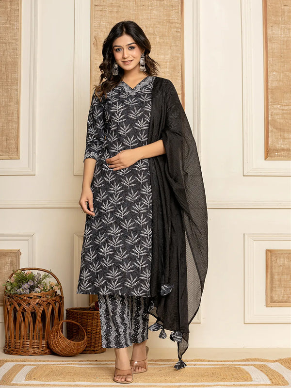 Black Floral Print Cotton Straight Kurta And Trousers With Dupatta Set-Indiakreations-JS6858SKDBKS