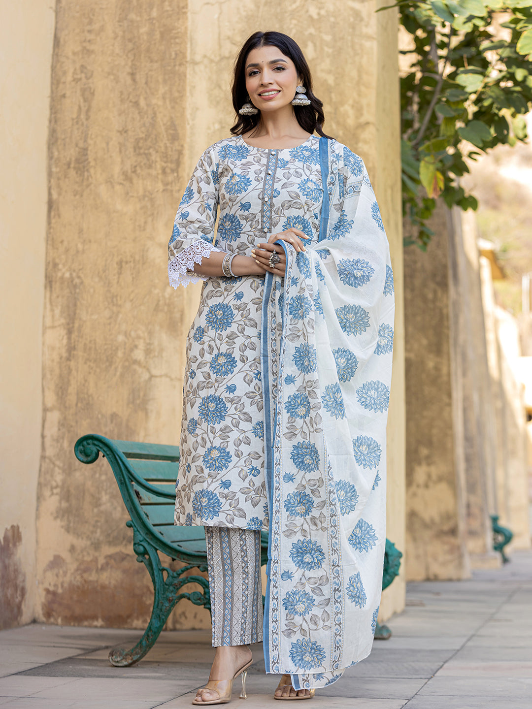 Women's Blue Floral Print Straight Kurta Trouser And Dupatta Set - Yufta