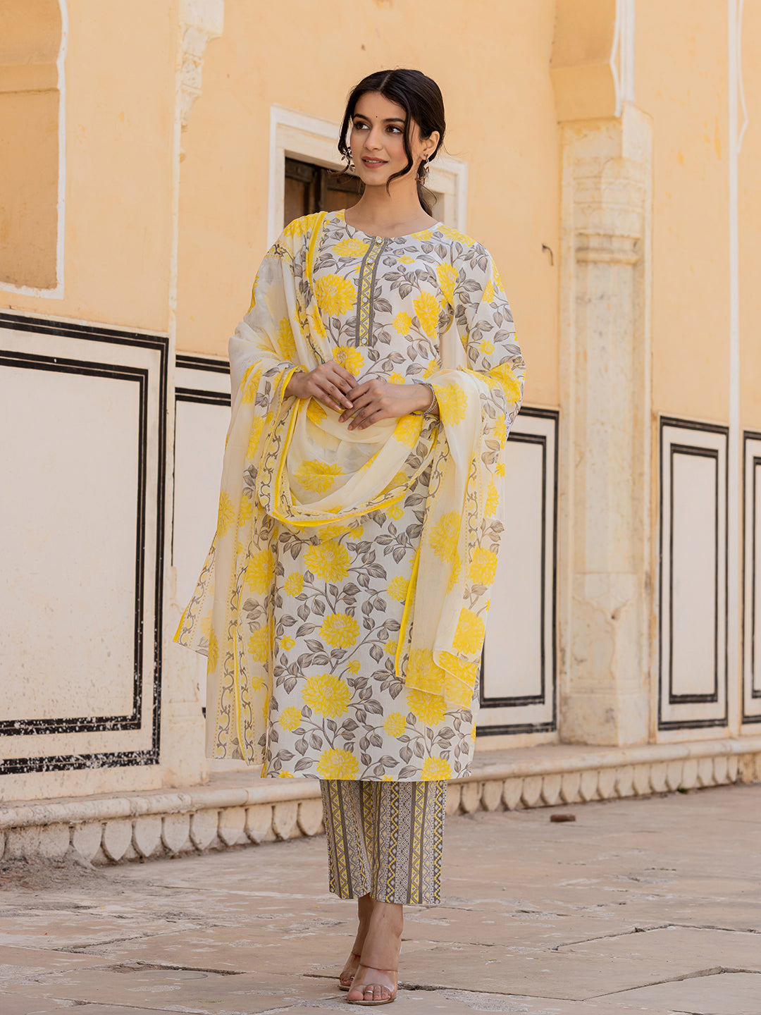 Women's Yellow Floral Print Straight Kurta Trouser And Dupatta Set - Yufta