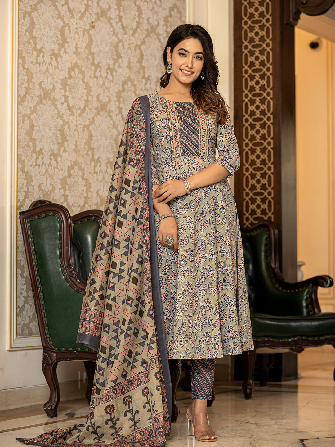 Women's Grey Leaf Print Cotton Anarkali Kurta Trouser And Dupatta Set  - Yufta