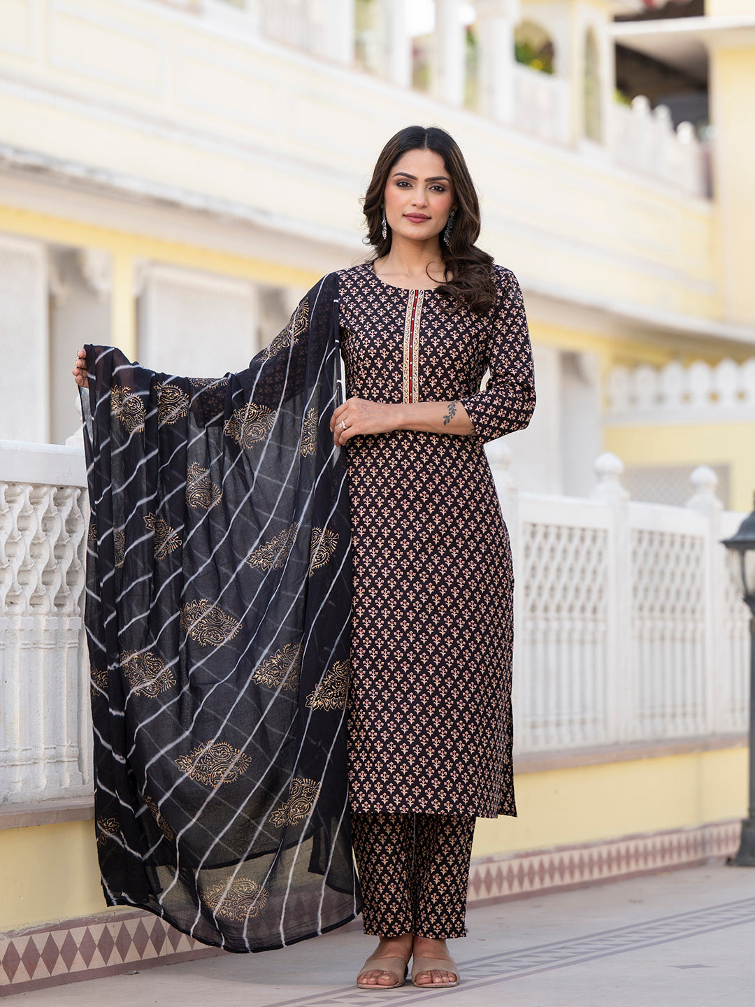 Women's Black Cutdana_Work Straight Kurta Trouser And Dupatta Set  - Yufta