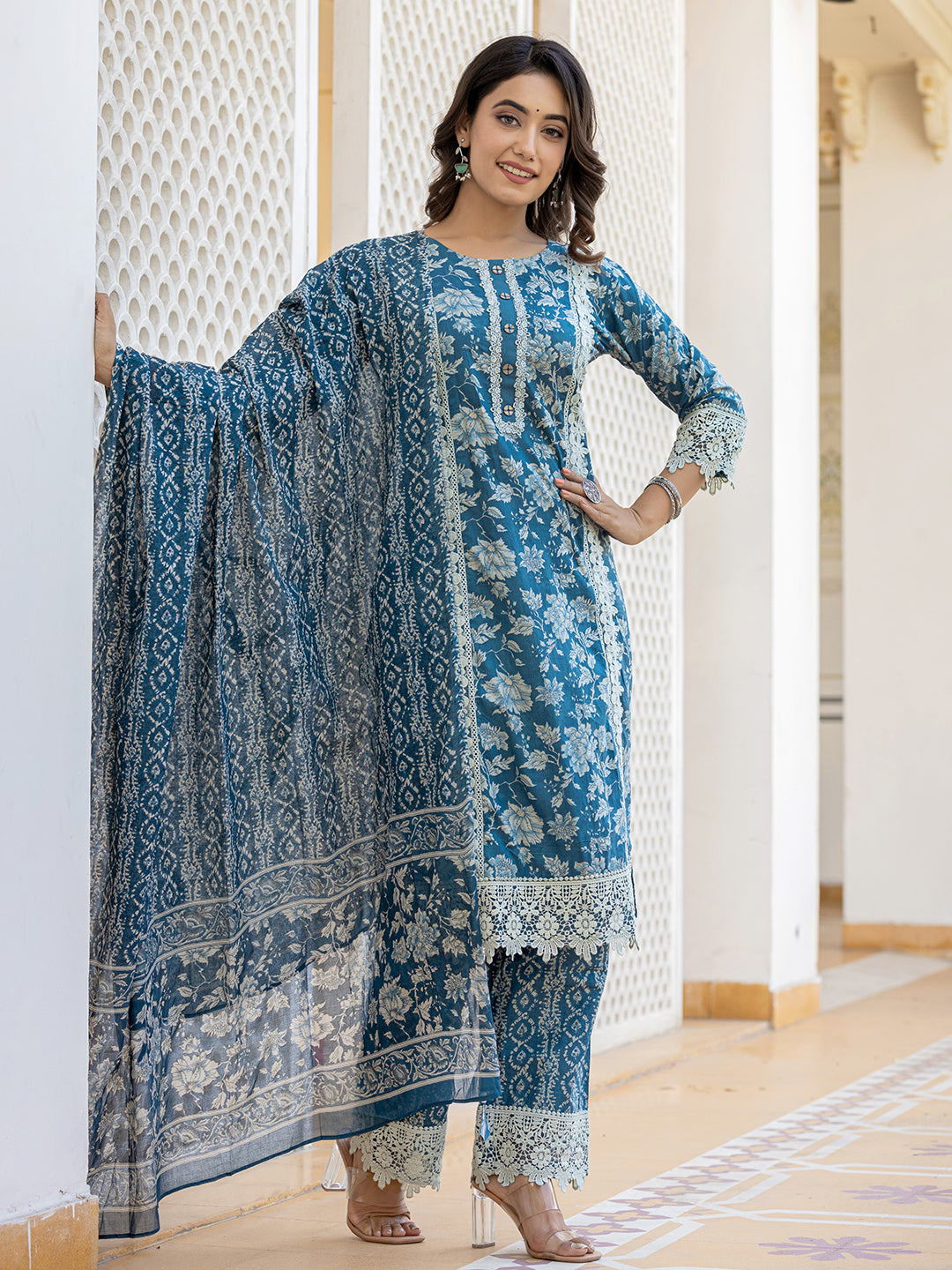 Women's Blue Floral Print Straight Pakistani Style Kurta Trouser And Dupatta Set With Lace Work - Yufta