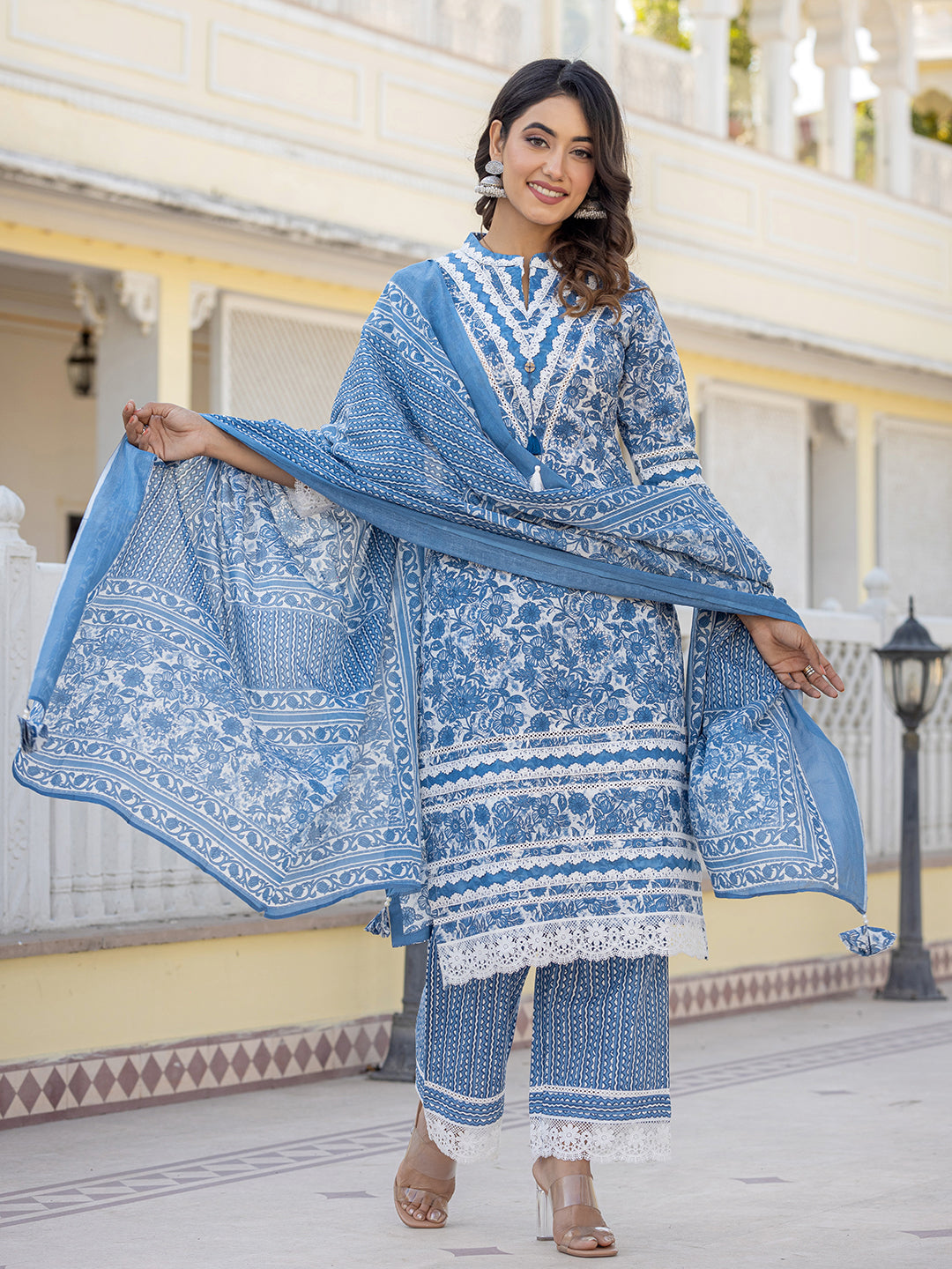 Women's Blue Lacework Pakistani Style Kurta Trouser And Dupatta Set - Yufta