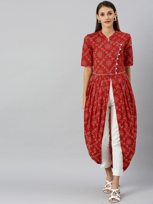 Women's  Red & White Embellished A-Line Kurta - AKS