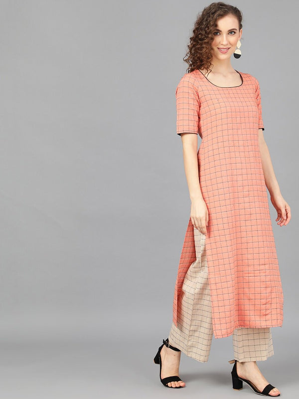 Women's  Peach-Coloured & Beige Printed Kurta with Palazzos - AKS