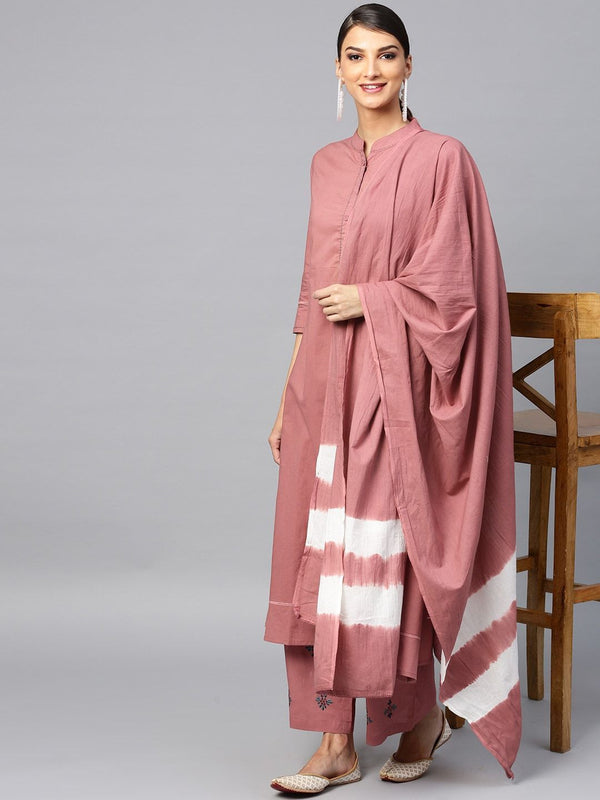 Women's  Mauve & White Dyed Kurta with Trousers & Dupatta - AKS