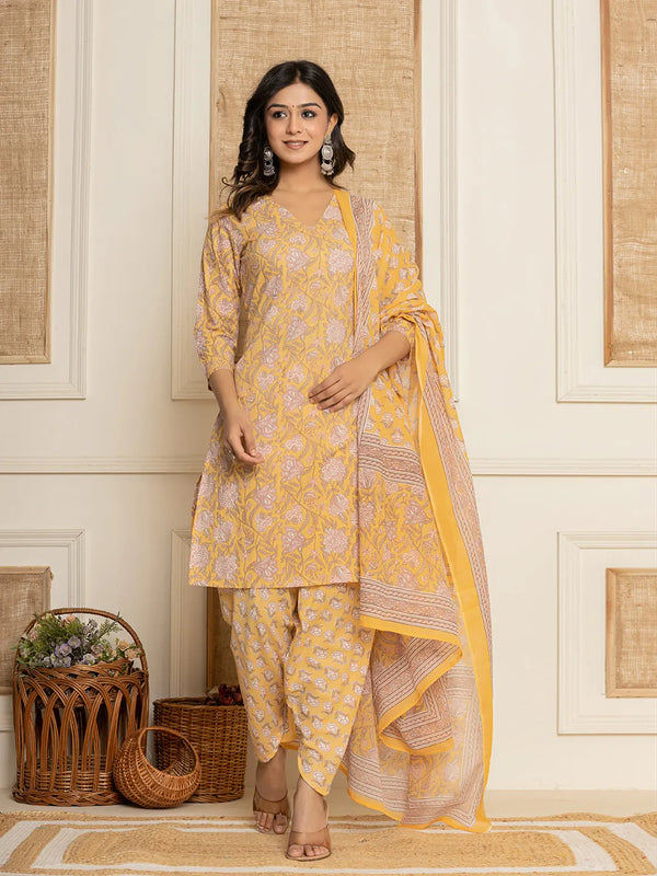 Yellow Floral Print Cotton Straight Style Kurta And Dhoti Pants With Dupatta Set-Indiakreations-JS6904SKDYLS