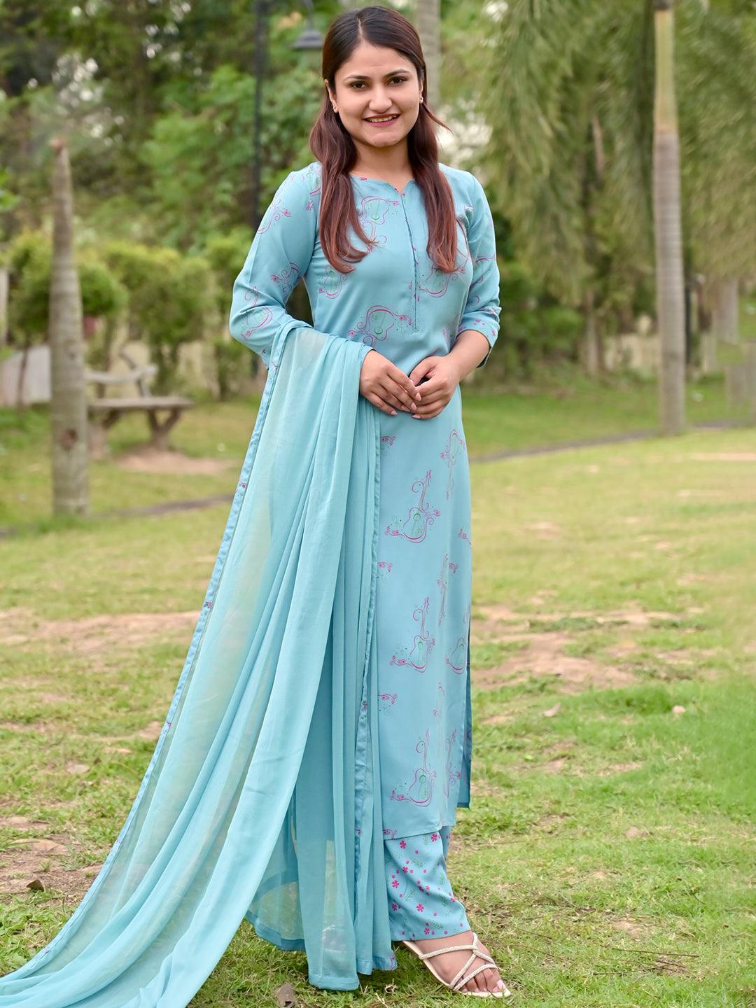 Blue Printed Rayon Straight Kurta With Palazzos & Dupatta - Jashvi