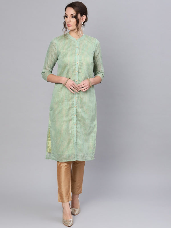 Women's  Green & Beige Checked Straight Kurta - AKS