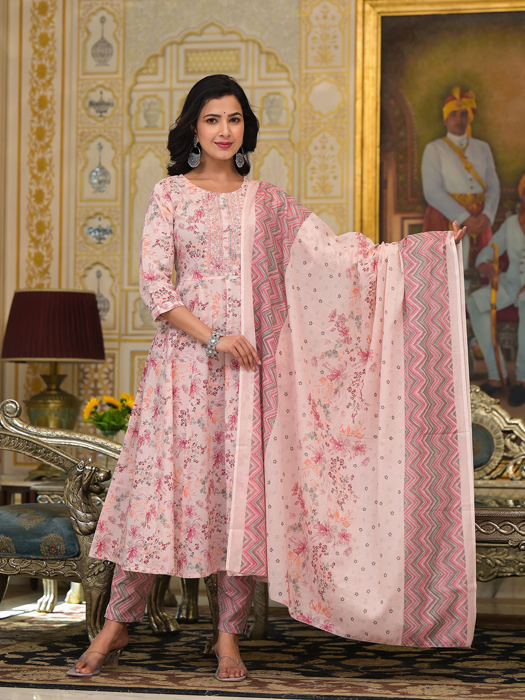 Women's Pink Sequins_Work Anarkali Kurta Trouser And Dupatta Set  - Yufta