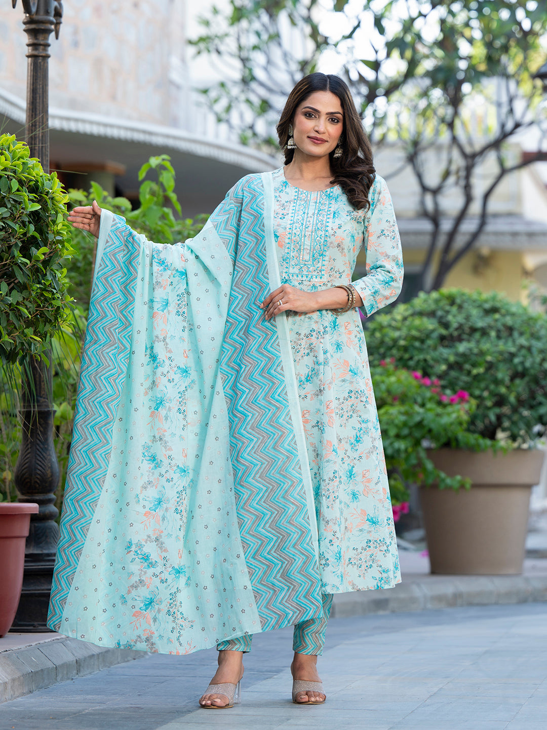 Women's Sea Green Sequins_Work Anarkali Kurta Trouser And Dupatta Set  - Yufta