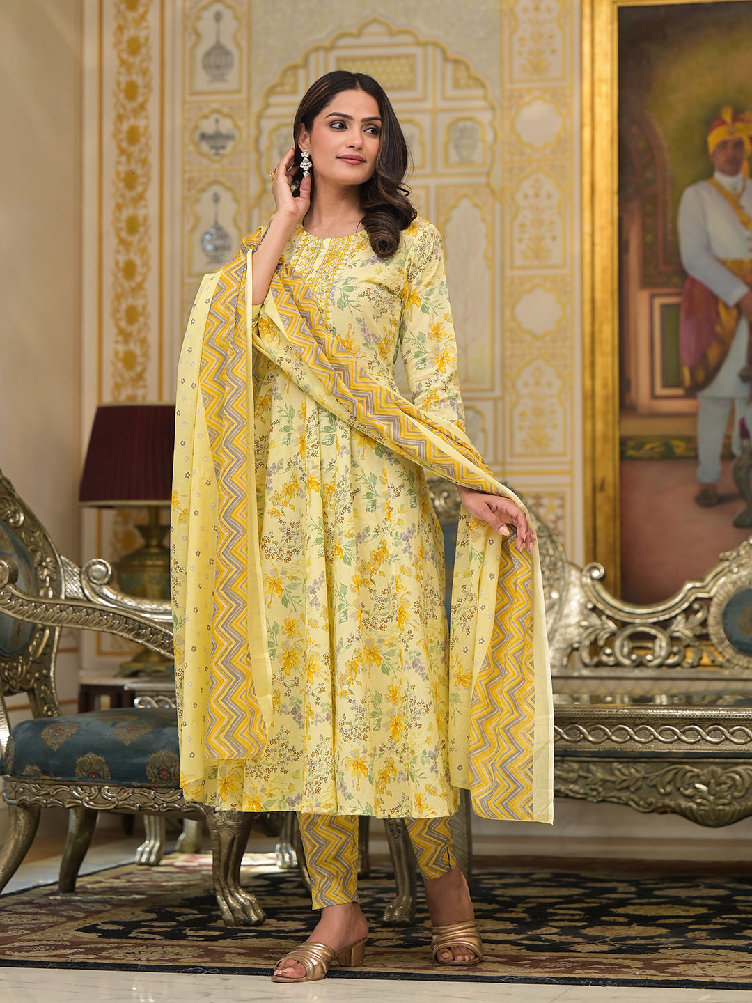 Women's Yellow Sequins_Work Anarkali Kurta Trouser And Dupatta Set  - Yufta