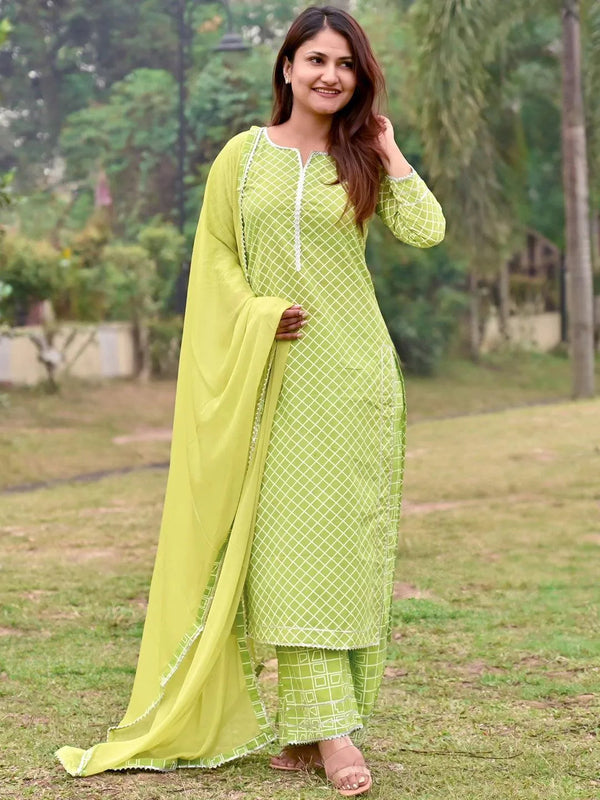 Green Printed Cotton Straight Kurta With Palazzos & Dupatta - Jashvi