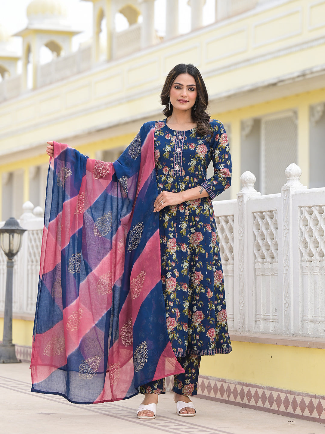 Women's Blue Floral Print Zari Work Anarkali Kurta Trouser With Dupatta Set - Yufta