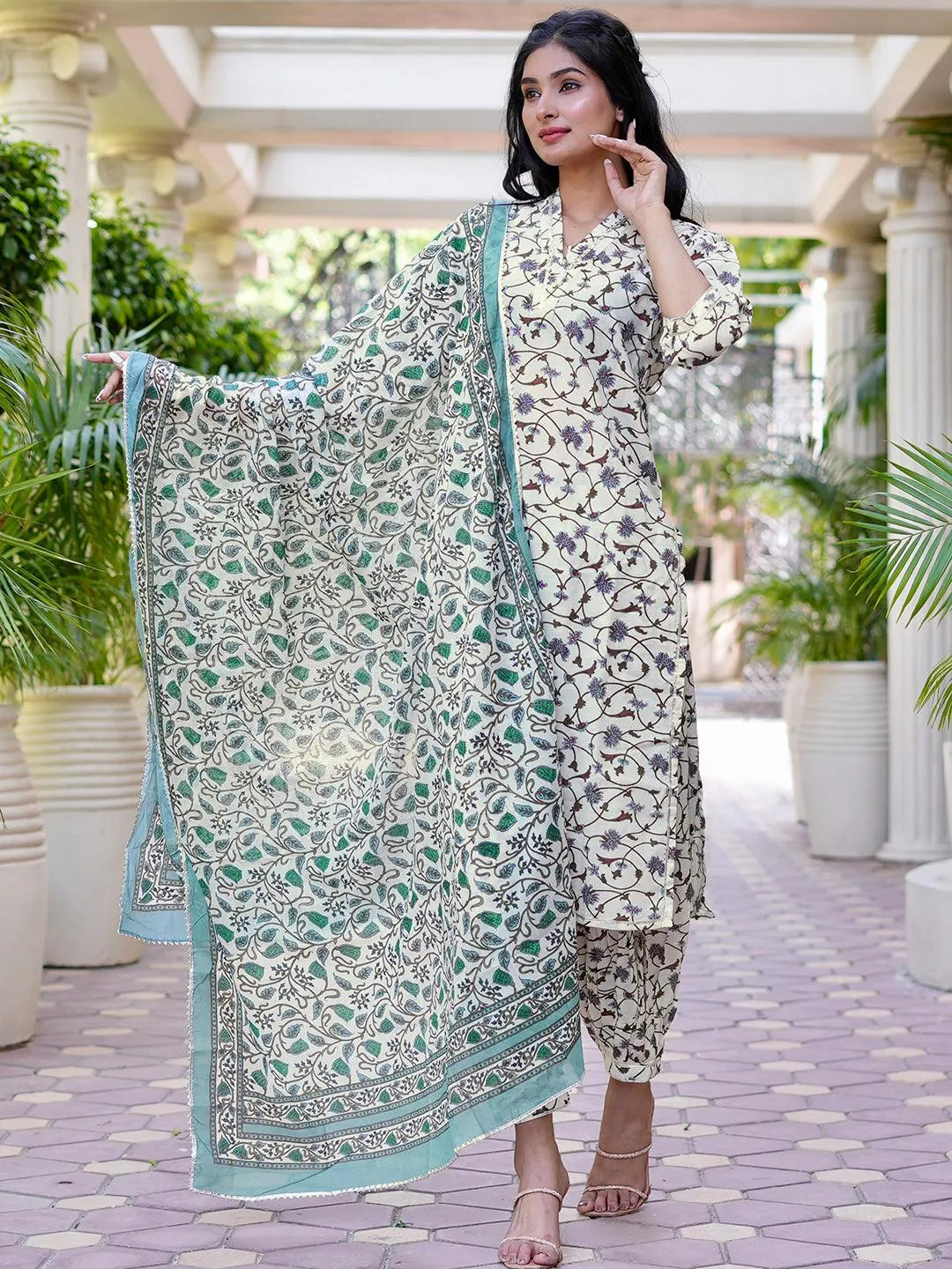 White Printed Cotton Straight Kurta With Salwar & Dupatta - Jashvi