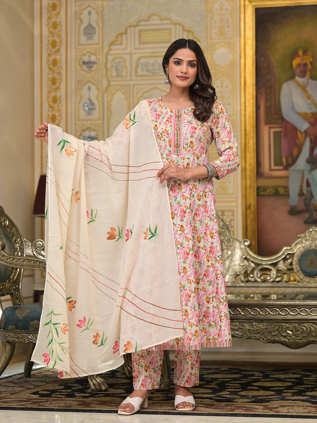 Women's Pink Leaf Print Zari Work Anarkali Kurta Trouser With Dupatta Set - Yufta