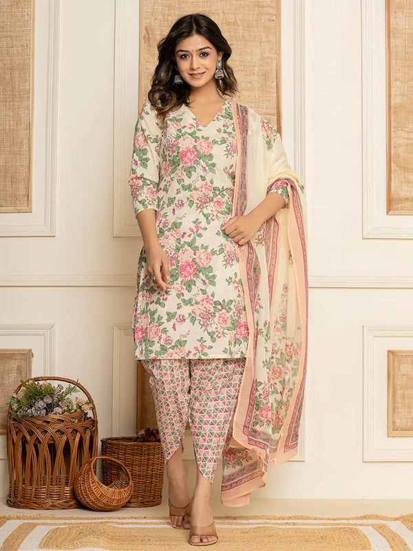 Cream Floral Print Cotton Straight Style Kurta And Dhoti Pants With Dupatta Set-Indiakreations-JS6924SKDCRS