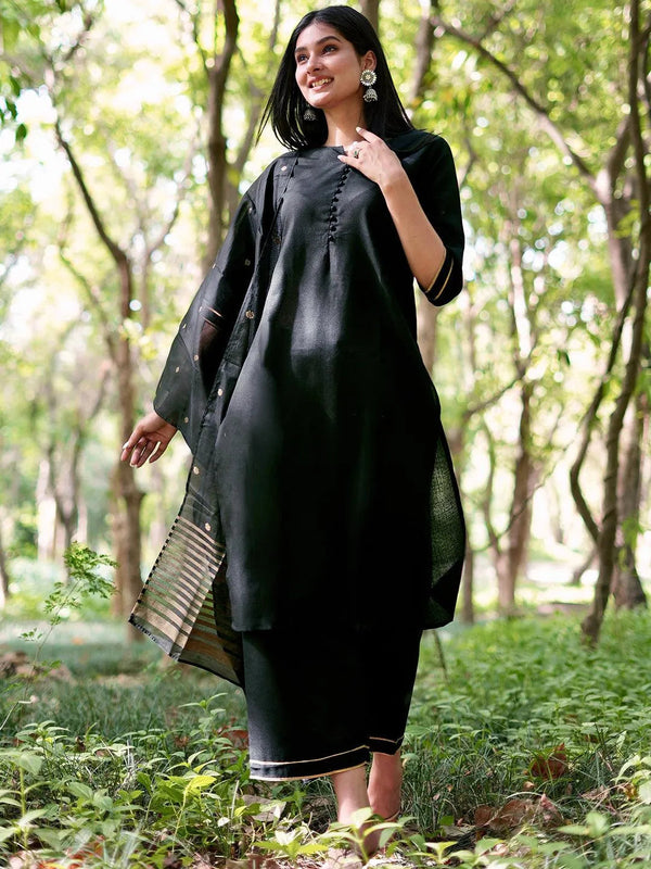 Black Solid Cotton Straight Kurta With Palazzos & Dupatta - Jashvi