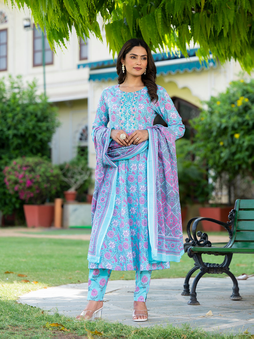 Women's Blue Floral Print Anarkali Kurta Trouser And Dupatta Set - Yufta