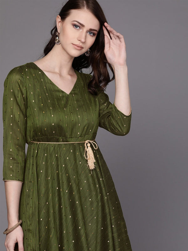 Women's  Olive Green & Golden Self Design Kurta with Palazzos With Belt - AKS