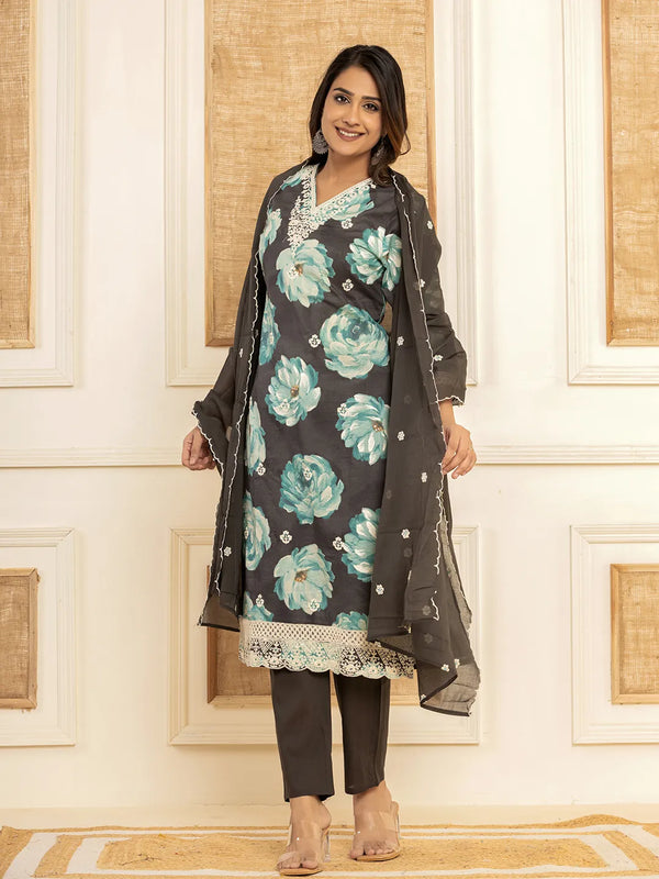 Black Floral Print Cotton Straight Side Slits Kurta And Trouser With Dupatta Set-Indiakreations-JS6974SKDBKM