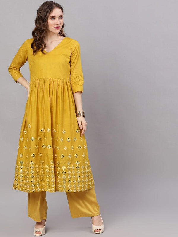 Women's  Mustard Yellow Mirror Work Anarkali Kurta - AKS