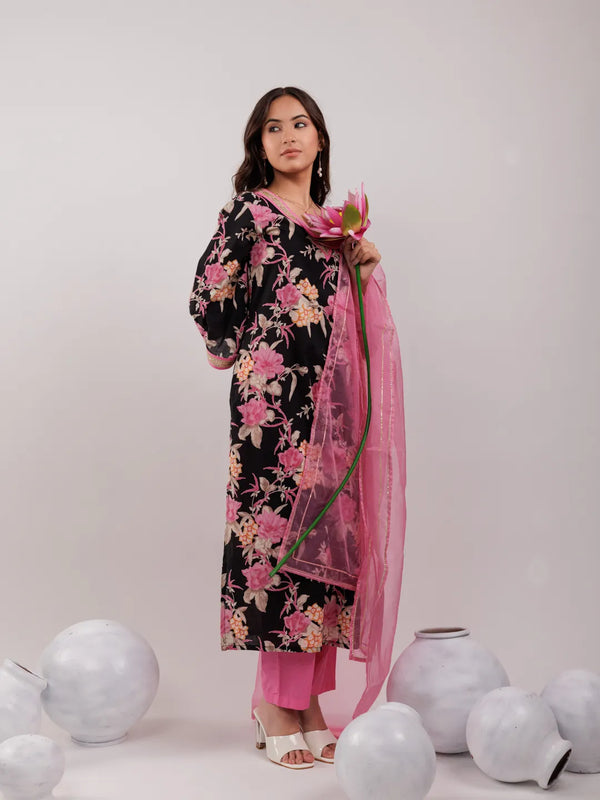 Black Floral Print Cotton Straight Kurta Trouser With Dupatta Set