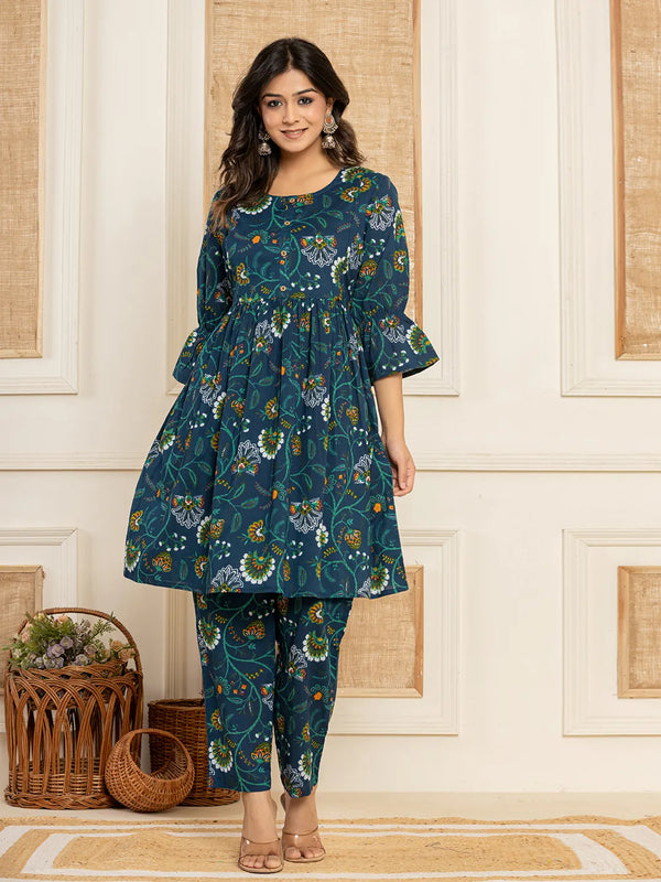 Blue Cotton Maternity Kurta Pants Set-Indiakreations-JS6986SETBLS