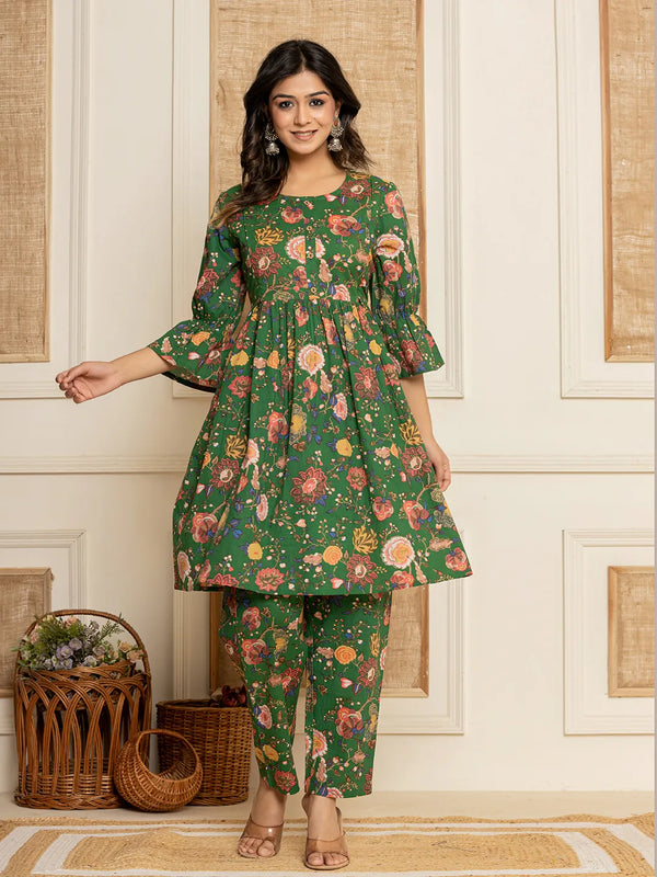 Green Cotton Maternity Kurta Pants Set-Indiakreations-JS6986SETGRS