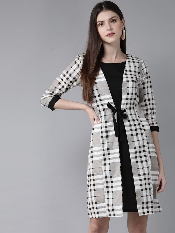 Women's  White & Black Checked Layered A-Line Dress - AKS