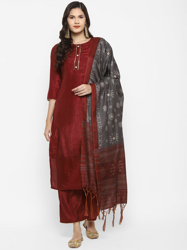 Women's Maroon Color Silk Blend Straight Kurta Palazzo With Dupatta - VAABA