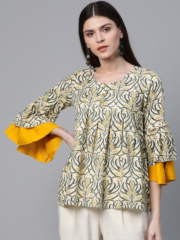 Women's Beige & Mustard Yellow Printed Tunic - AKS