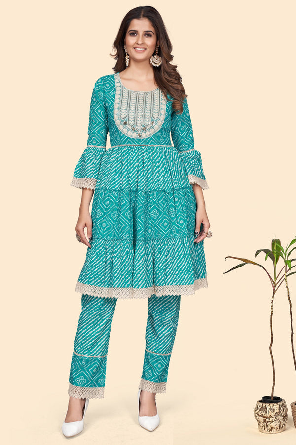 Women's Bandhani Print & Embroidered Flared Cotton Sky Blue Stitched Top With Pant - Vbuyz