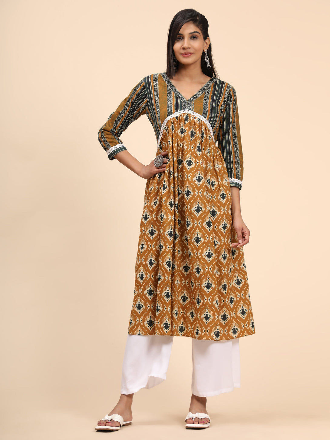 Women's Printed A-Line Cotton Mustard  Stitched Kurta - Vbuyz