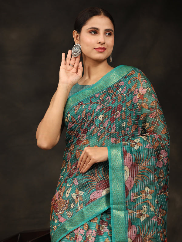 Women's Green Summer Wear Linen Cotton Saree - Vamsee