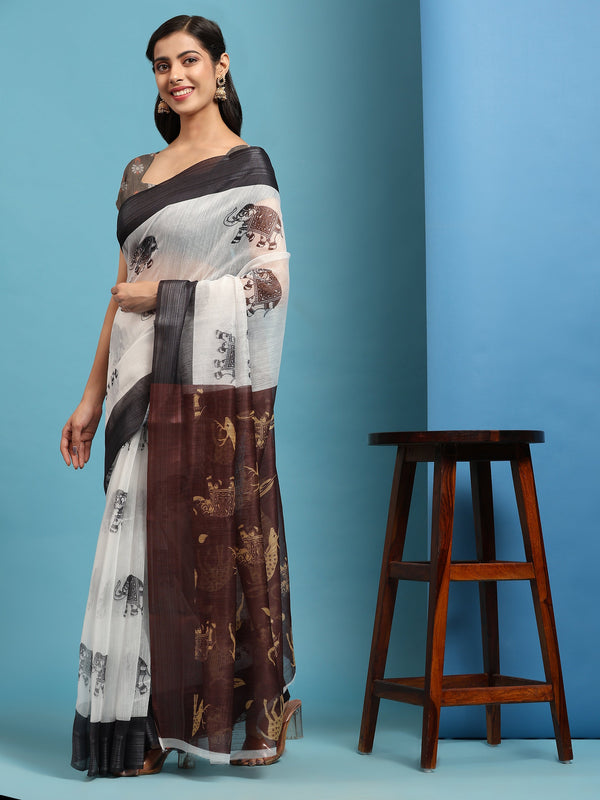 Women's White Summer Wear Linen Cotton Saree - Vamsee