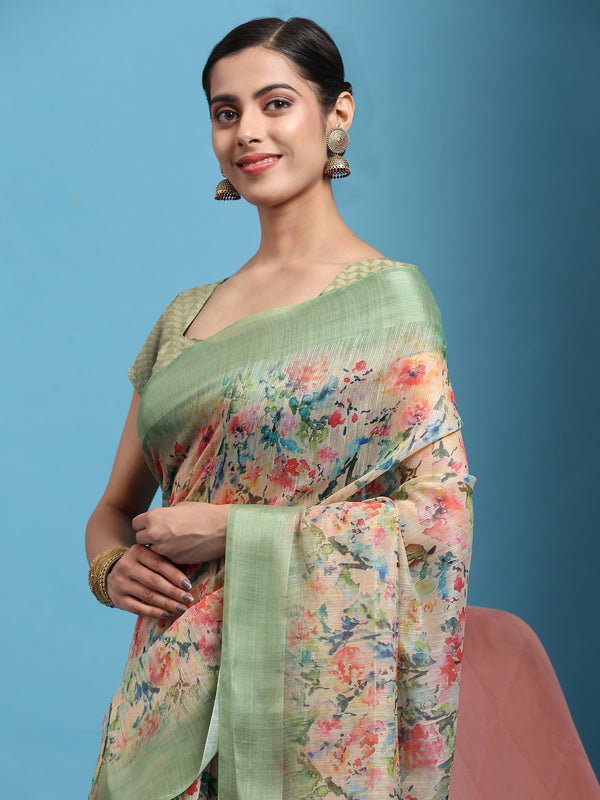 Women's Green Summer Wear Linen Cotton Saree - Vamsee