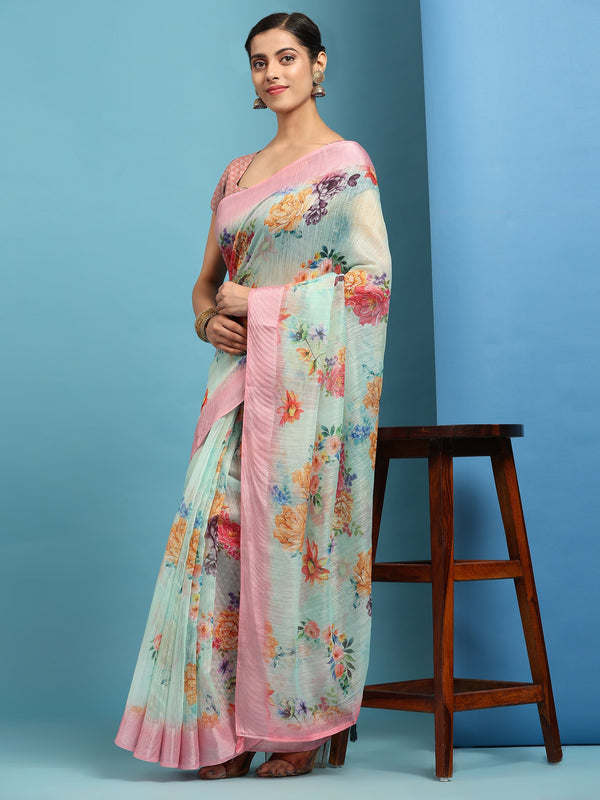 Women's Blue Summer Wear Linen Cotton Saree - Vamsee