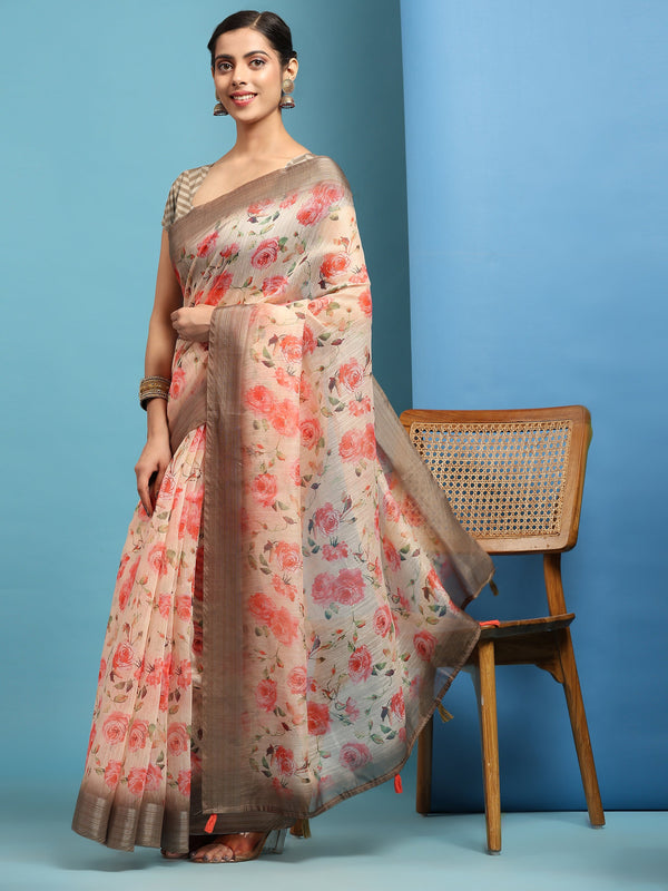 Women's Cream Summer Wear Linen Cotton Saree - Vamsee