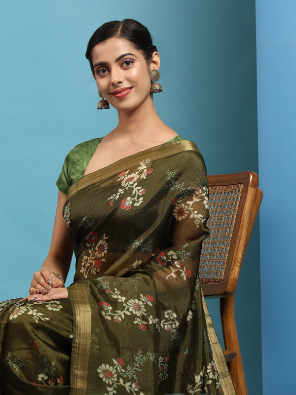 Women's Green Summer Wear Linen Cotton Saree - Vamsee